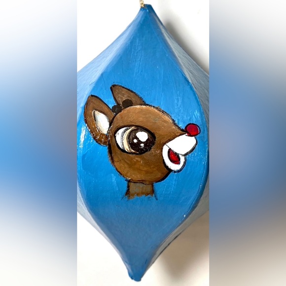 ORIGINAL Hand Painted Rudolph Hermie Santa 6 Side Paper Mache Christmas Ornament - Picture 4 of 9